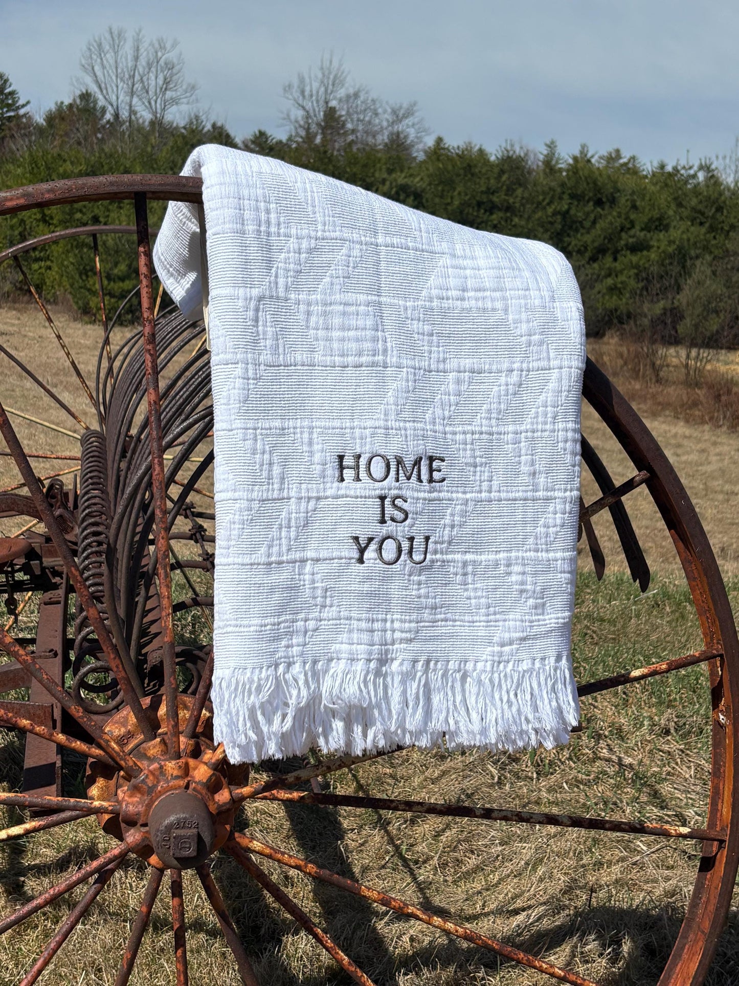 Cottagecore Cotton Jacquard Throw Blanket, “Home Is You” Embroidered Blanket, Cozy Neutral Gift