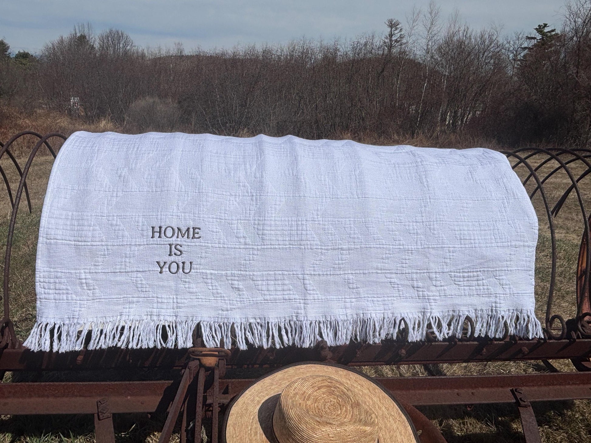 Cottagecore Cotton Jacquard Throw Blanket, “Home Is You” Embroidered Blanket, Cozy Neutral Gift