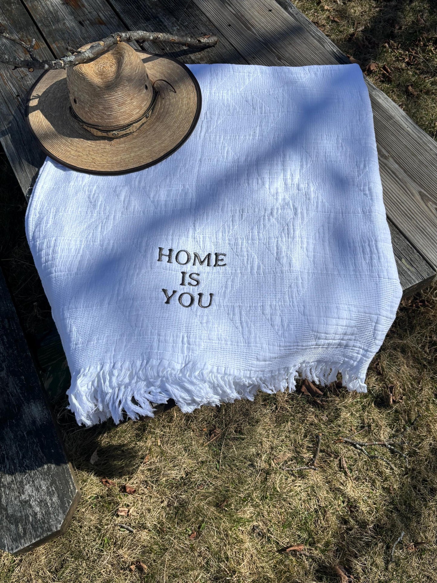 Cottagecore Cotton Jacquard Throw Blanket, “Home Is You” Embroidered Blanket, Cozy Neutral Gift