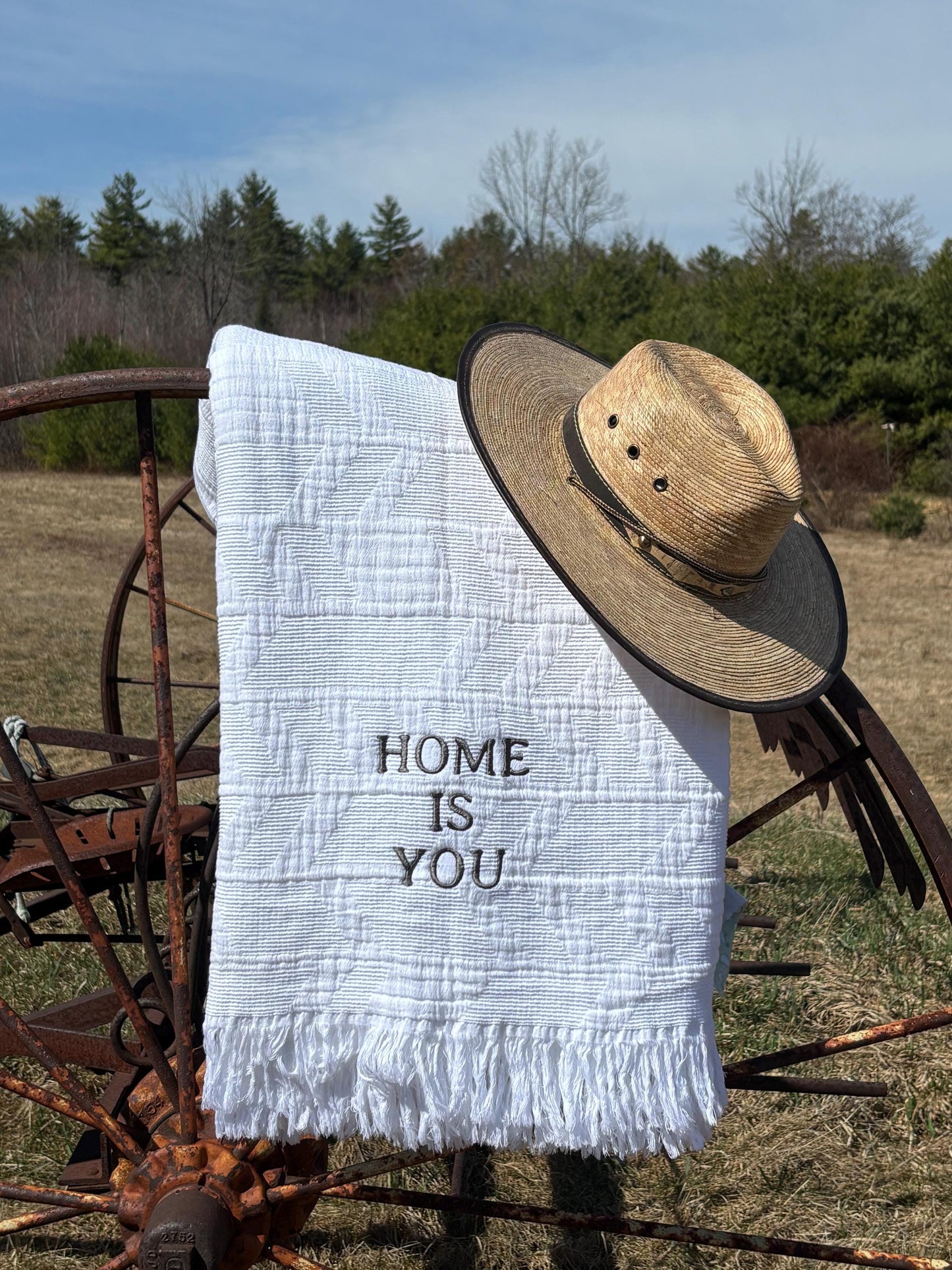 Cottagecore Cotton Jacquard Throw Blanket, “Home Is You” Embroidered Blanket, Cozy Neutral Gift