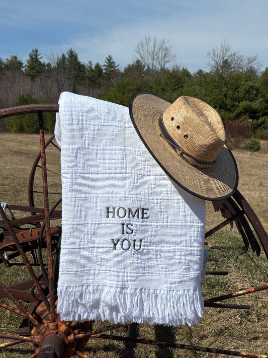 Cottagecore Cotton Jacquard Throw Blanket, “Home Is You” Embroidered Blanket, Cozy Neutral Gift