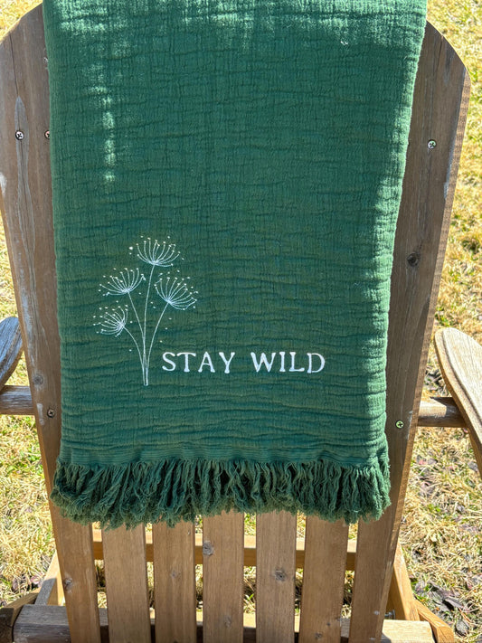 Dandelion Stay Wild Embroidered Green Gauze Cotton Throw Blanket,