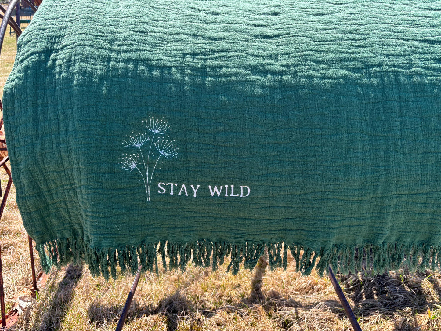 Dandelion Stay Wild Embroidered Green Gauze Cotton Throw Blanket,