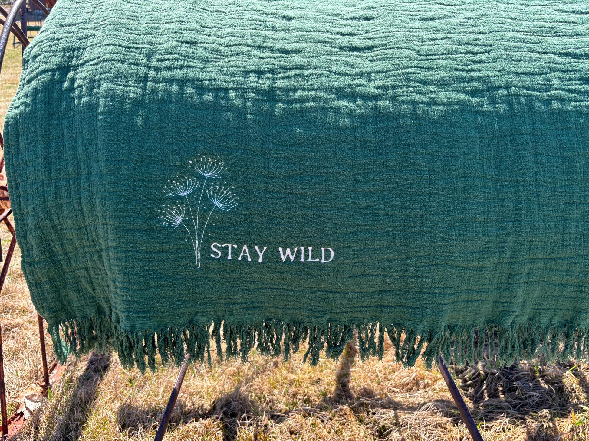 Dandelion Stay Wild Embroidered Green Gauze Cotton Throw Blanket,