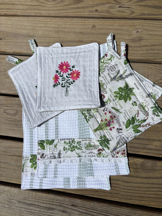 Botanical Herb Garden Tea Towels, Dish Cloths, Pot Holders Set