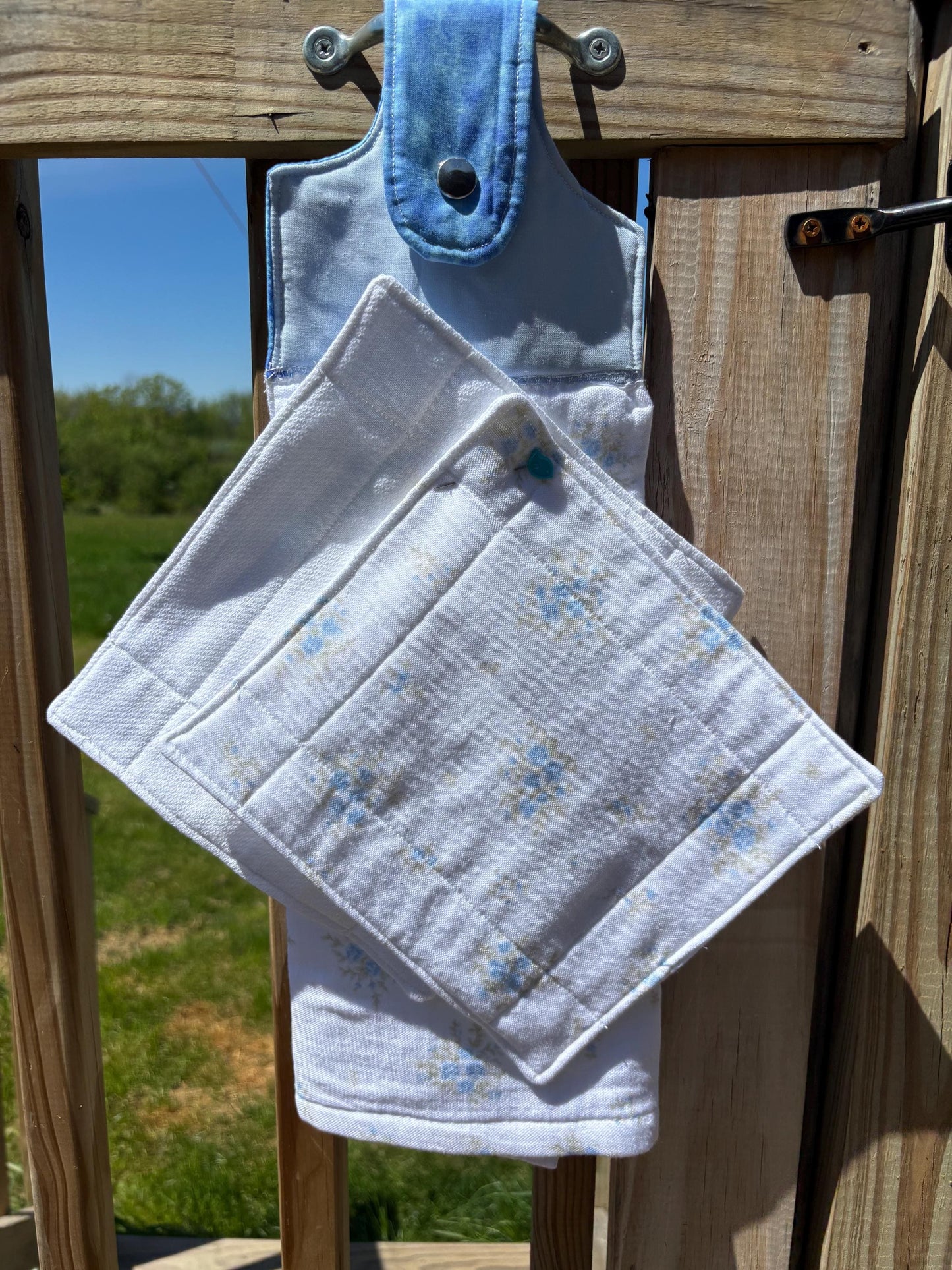Floral Hanging Hand Towel with Dish Cloth | Blue Cottage Kitchen Decor | Oven Handle Towel