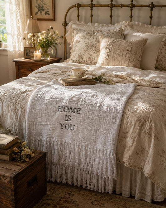 Cottagecore Cotton Jacquard Throw Blanket, “Home Is You” Embroidered Blanket, Cozy Neutral Gift