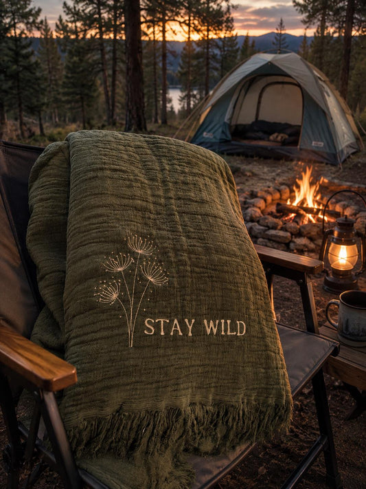 Dandelion Stay Wild Embroidered Green Gauze Cotton Throw Blanket,