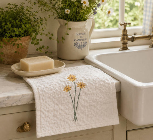 Embroidered Daisy Cleaning Cloths — Reusable Cotton Dish Cloths, Eco-Friendly Kitchen Towels, Floral Spring Gift