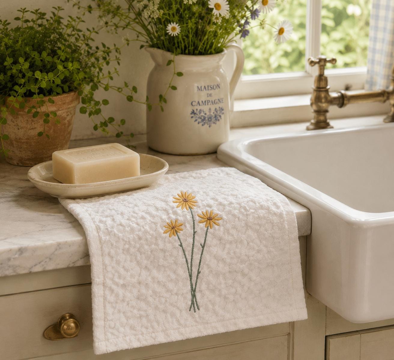 Embroidered Daisy Cleaning Cloths — Reusable Cotton Dish Cloths, Eco-Friendly Kitchen Towels, Floral Spring Gift