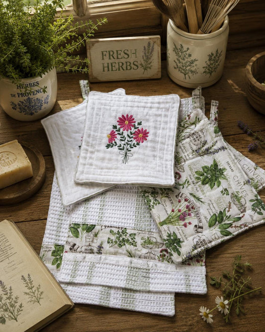 Botanical Herb Garden Tea Towels, Dish Cloths, Pot Holders Set