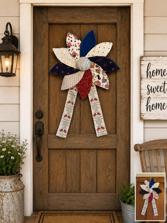Patriotic Fabric Flower Door Hanger with/ Pledge of Allegiance Ribbon.
