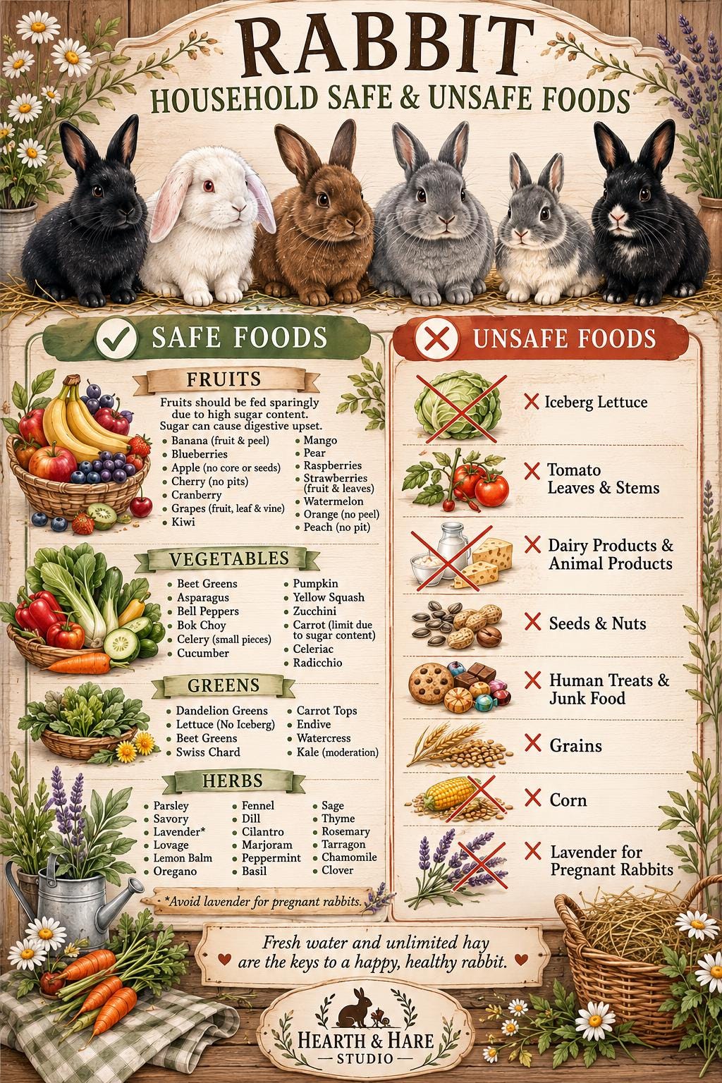 Rabbit Safe Unsafe Foods Chart | Farmhouse Bunny Care Guide (Digital Download)