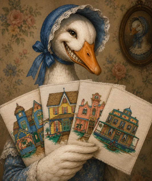 Vintage Cranston Cottagecore Fabric Panel – 4 Weird Victorian Houses – Unhinged 90s Country Craft Fabric