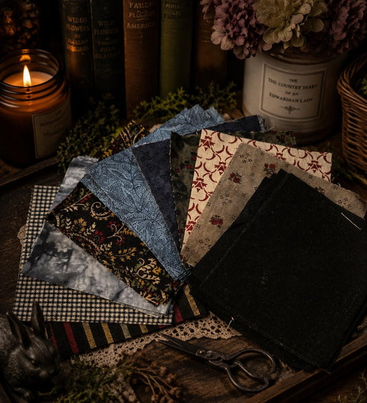 Dark Cottagecore Slow Stitching Fabric Bundle — 50 Curated Cotton Squares for Hand Sewing, Patchwork, Embroidery & Creative Journaling