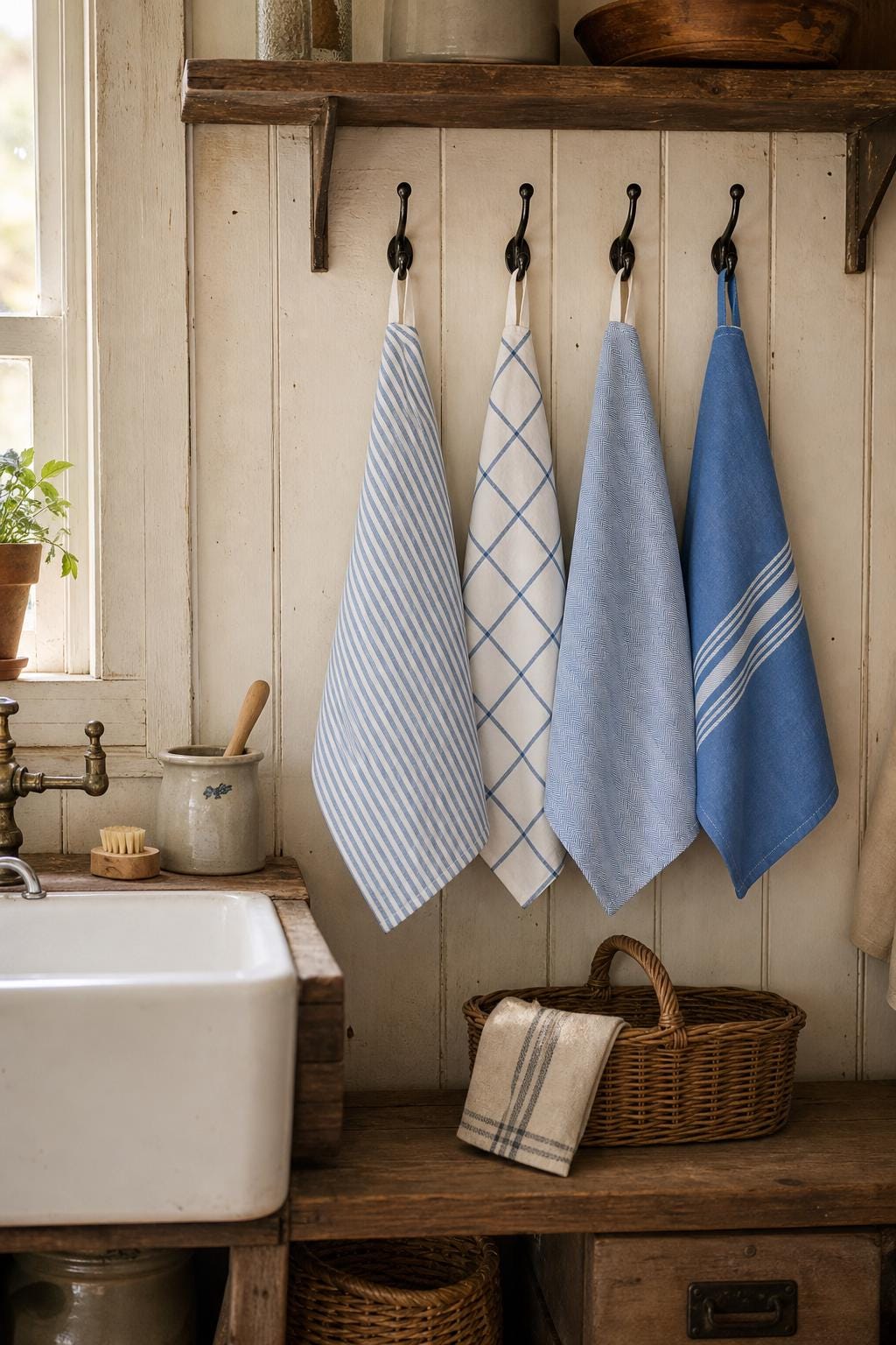 Blue Farmhouse Hanging Towels, Upcycled Reusable Cotton with Loops, 11 x 15 Inches