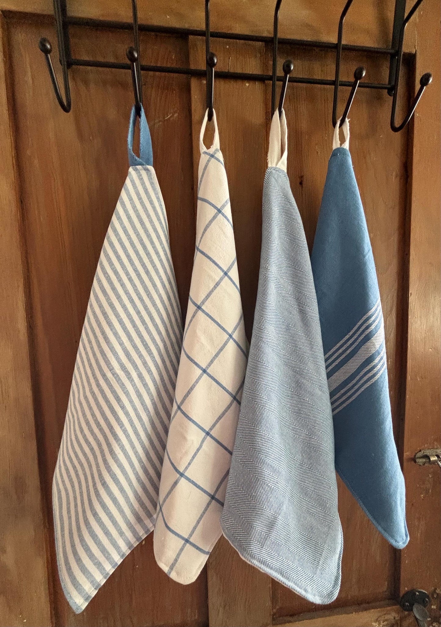 Blue Farmhouse Hanging Towels, Upcycled Reusable Cotton with Loops, 11 x 15 Inches