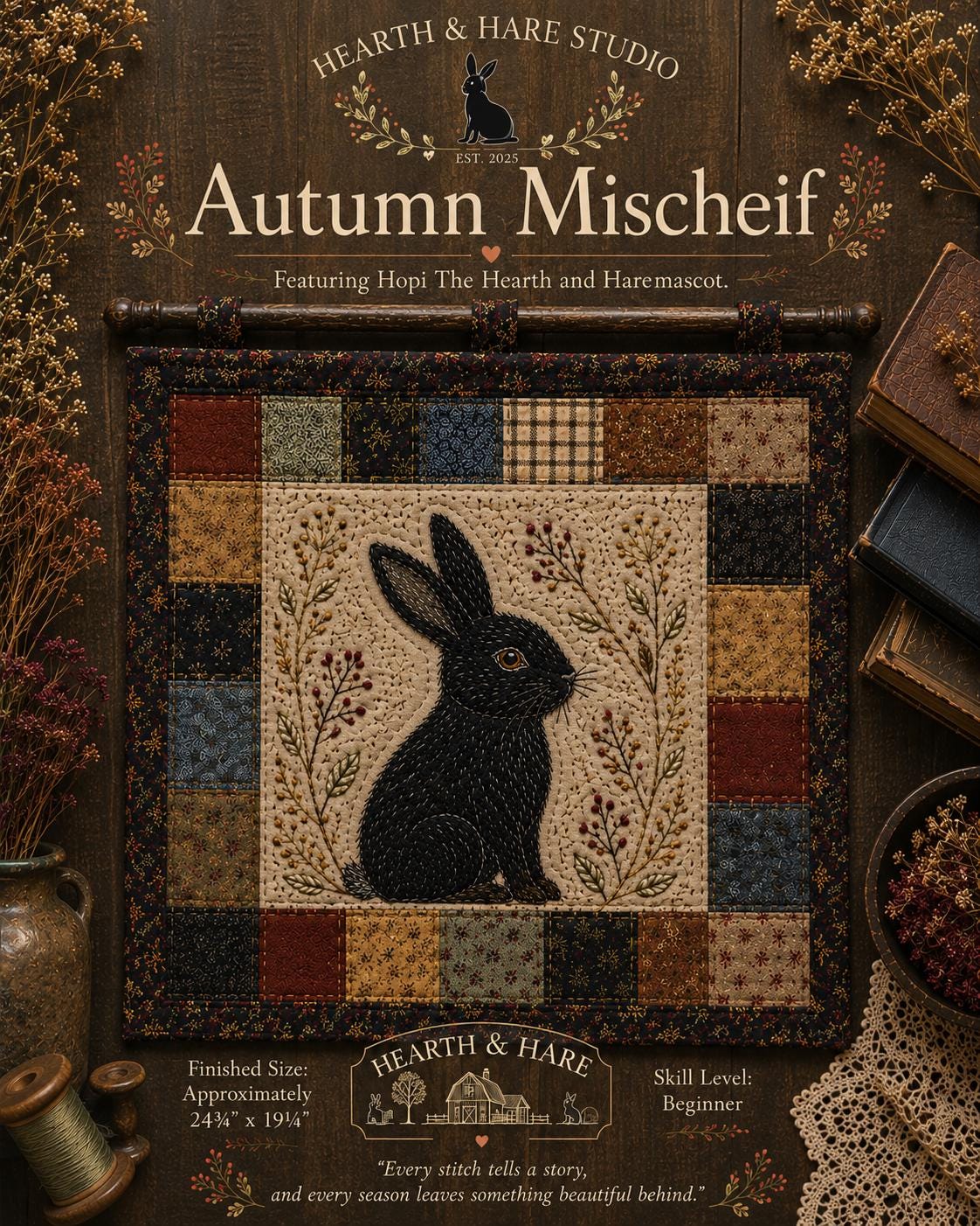 Autumn Mischeif Quilt Pattern PDF | Autumn Mischief Rabbit Wall Hanging | Appliqué and Embroidery Sewing Pattern