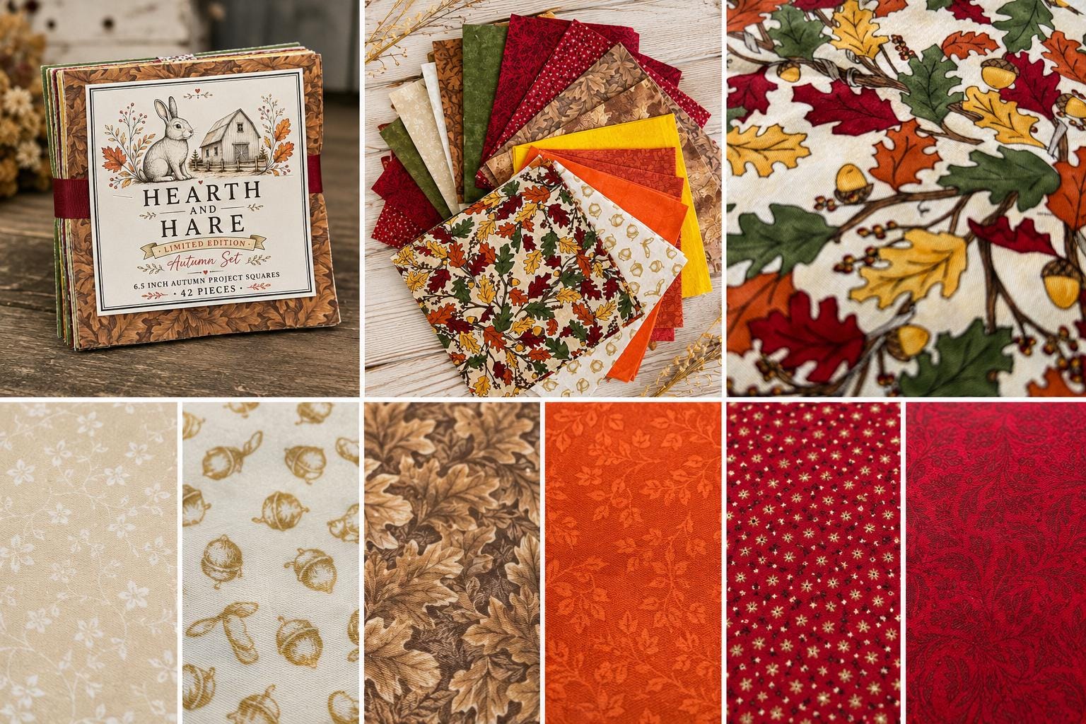 Autumn at Windy Acres Fabric Bundle | 6.5” Autumn Project Squares | 42 Piece Cotton Quilt Fabric Pack | Hearth & Hare